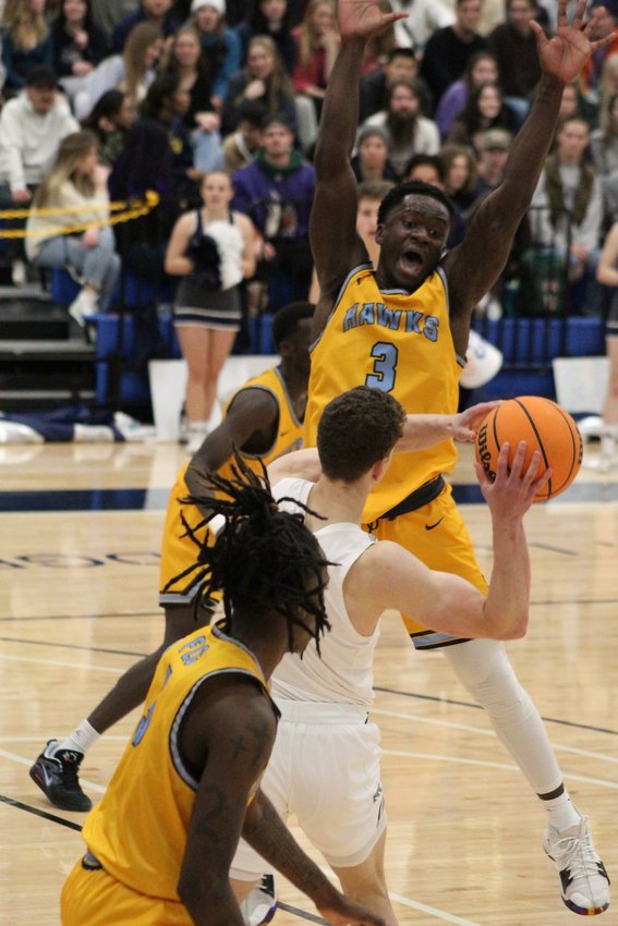 Fort Lewis guard Junior Garbrah (3) attempts to block a pass by Colorado School of Mines during the Jan. 27 game.